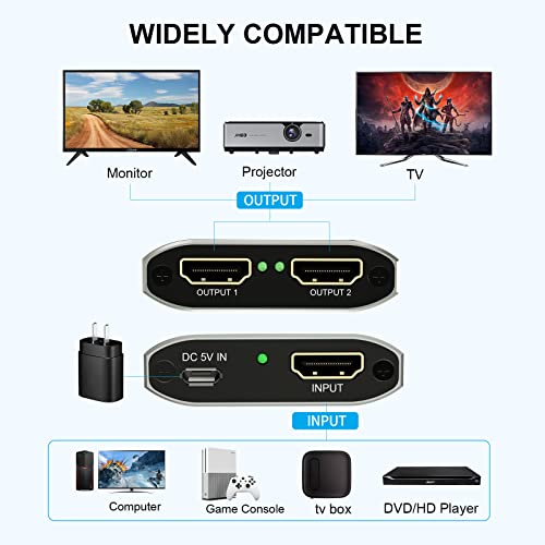 HDMI Splitter 1 in 2 Out, 4K@30Hz HDMI Splitter for Dual Monitors, Aluminum Powered HDM I Spliter for Mirror Screen,1x2 Duplicator Support 3D HD 1080P for Fire Stick Xbox PS Roku Blu-ray Cable Box