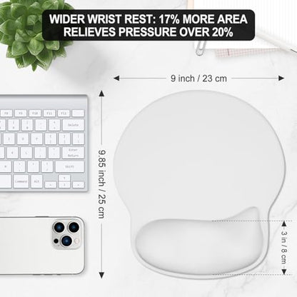 ITNRSIIET Ergonomic Mouse Pad with Wider Memory Foam Wrist Rest +17% - Curved Cushion Reduces Pressure 20%, Pain Relief, Non-Slip, Smooth, Cute Colors, 9.85 x 9 in, White - color: White