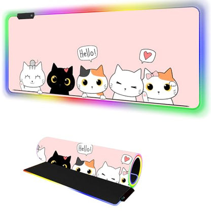RGB Mouse Pad I Large Mousepad with 14 Led Modes I Keyboard Pad Gaming Desk Mat I Non-Slip Rubber Base Mouse Mat I 900x400x4mm Waterproof Mousepad for PC MacBook Women Girl I Cute Pink Kawaii Cats - color: Cute Pink Kawaii Cats