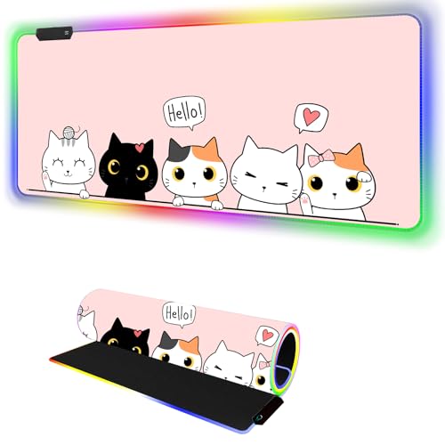 RGB Mouse Pad I Large Mousepad with 14 Led Modes I Keyboard Pad Gaming Desk Mat I Non-Slip Rubber Base Mouse Mat I 900x400x4mm Waterproof Mousepad for PC MacBook Women Girl I Cute Pink Kawaii Cats - color: Cute Pink Kawaii Cats