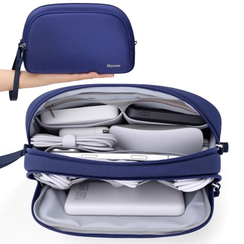 Skycase Travel Cable Organizer - Lightweight Water Resistant Dual-Layer Tech Pouch with Wrist Strap 9 Compartments Electronic Organizer Travel Case for Charger Cord Hard Drive,Medium,Blue - color: Blue, size: M