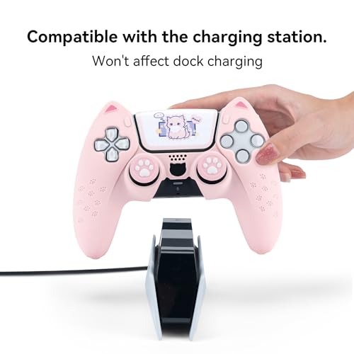 GeekShare Cute Cat Paw Protective Skin Set for ps5 Controller, Anti-Slip Silicone Cover Case Compatible with ps5 Wireless Controller Includes 2 Thumb Grip Caps and 1 Sticker - Pink - color: Pink