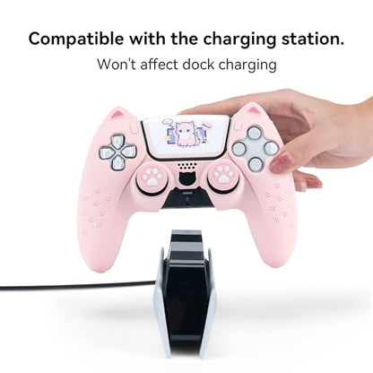 GeekShare Cute Cat Paw Protective Skin Set for ps5 Controller, Anti-Slip Silicone Cover Case Compatible with ps5 Wireless Controller Includes 2 Thumb Grip Caps and 1 Sticker - Pink - color: Pink
