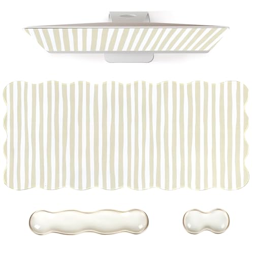 L-SPOUTTO Beige Striped Mouse Pad Set,Scalloped XXL Desk Mat + Ergonomic Mouse Wrist Rest + Gel Keyboard Wrist Rest for Keyboard 65%/75%,3in1 Large Desk Pad for Desktop Home Office Computer Game - color: Beige Striped