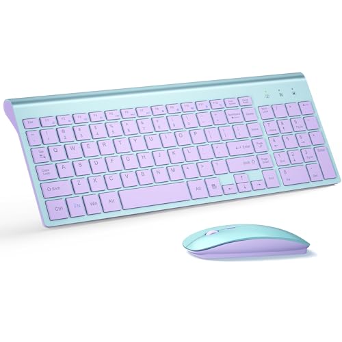 Wireless Keyboard and Mouse Ultra Slim Combo, TopMate 2.4G Silent Compact USB 2400DPI Mouse and Scissor Switch Keyboard Set with Cover, Batteries Included, for PC/Laptop/Windows/Mac - Blue Purple - color: Blue Purple
