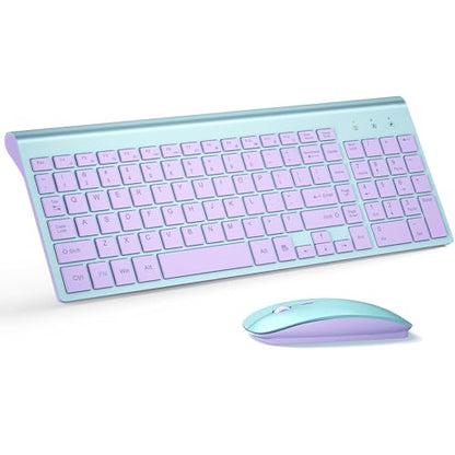 Wireless Keyboard and Mouse Ultra Slim Combo, TopMate 2.4G Silent Compact USB 2400DPI Mouse and Scissor Switch Keyboard Set with Cover, Batteries Included, for PC/Laptop/Windows/Mac - Blue Purple - color: Blue Purple