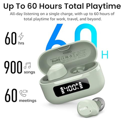 TOZO NC9 Hybrid Active Noise Cancelling Wireless Earbuds, 60H, LED Display | 6 Mic ENC Clear Calls, Deep Bass Sound, IPX8 Waterproof, in Ear Bluetooth 5.3 Headphones,32 EQs via APP, Comfort Fit Ear Buds - color: Sage Green