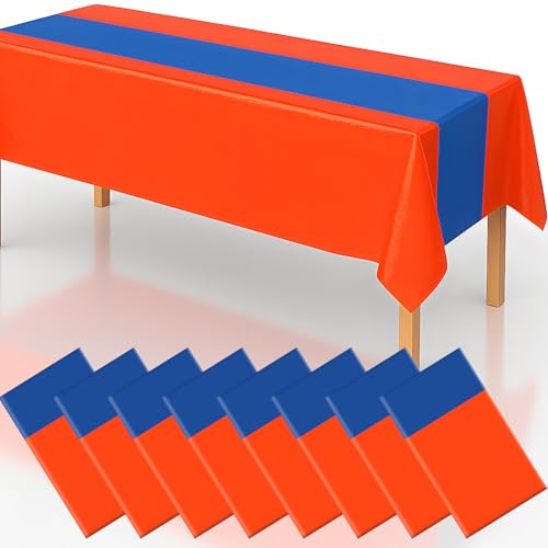 8 Pack 2in1 Orange and Blue Party Tablecloth 54" x 108" Disposable Plastic Table Cloth Rectangle Table Cover for Birthday Themed Party Decoration Supplies - color: Orange Blue, size: 8 Pack