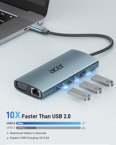 Acer USB C Hub with 4K HDMI, 9-in-1 Laptop Docking Station with 1080P VGA | USB C to Ethernet Adapter with 5Gbps 3×USB-A Data Transfer, 100W Max PD Port, SD/TF Card Reader for MacBook, Acer, 0.65ft