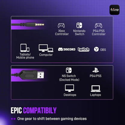 FIFINE Wired Gaming Headset, Gamer Headset with 3.5mm and USB Dual Connectivity, 7.1 Surround Sound, Tuned 50mm Drivers, Detachable Mic, Over-Ear Headphones for PC/PS5/Xbox, Black-AmpliGame H9 - color: Black