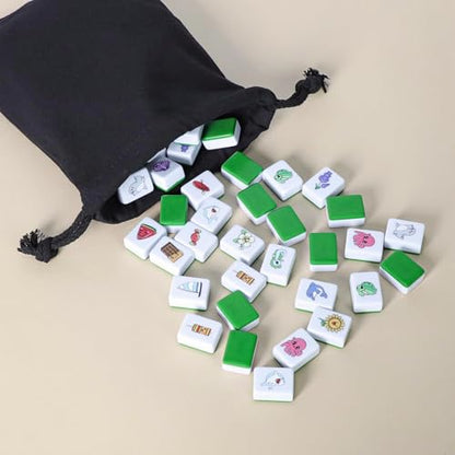 GRACIAS 4 Players Mahjong Block Set, 128 Green Tiles(1.18”) with 4 Different Patterns, Portable Mahjong Set with A Carry Bag & English Instruction, Mahjong Tile Game
