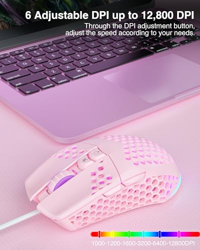 SOLAKAKA SM900 Wired Gaming Mouse with Honeycomb Shell,12800 DPI,7 Programmable Buttons,Lightweight Gaming Mice Ergonomic Computer Mouse Gaming for Windows/PC/Mac/Laptop Gamer (Pink) - color: 2Pink