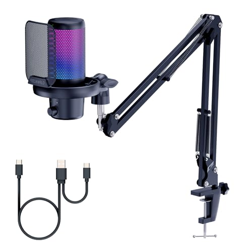 FEELWORLD VM1 Black USB Gaming Condenser Microphone for pc, Boom Arm Stand | Noise Cancellation, Mute, RGB Light, Gaming Equipemnt, for Gifts YouTube Twitch Podcast Streaming Recording - color: Black