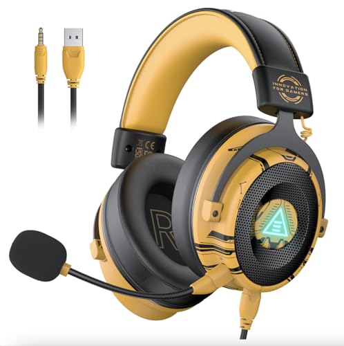 EKSA USB Gaming Headset for PC, Computer Gaming Headphones with Detachable Microphone Noise Cancelling, 7.1 Surround Sound, 50MM Driver, Wired Headset for PS4 PS5, Xbox One, Laptop (Yellow) - color: Yellow