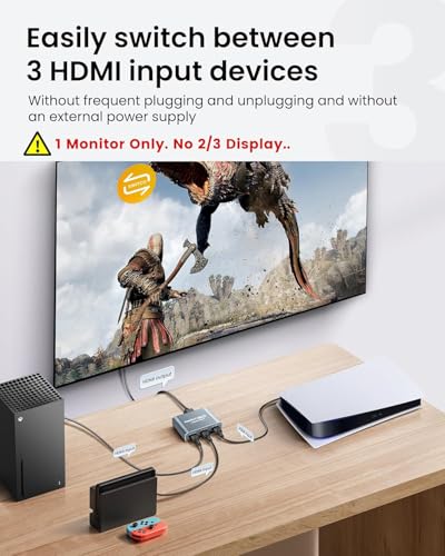 HDMI Switch 3 in 1 Out, 4K@60Hz Aluminum Alloy 【with 4FT HDMI 2.0 Cable】 | HDMI Splitter Switch supports HDCP2.2 and HDR10, compatible with PS5, Fire TV Stick, Xbox, PC and Projector