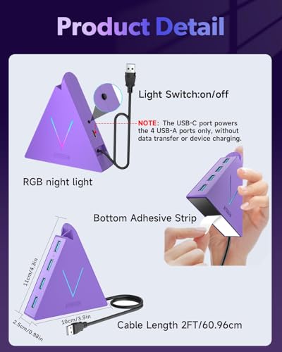 4-Port USB 3.0 Hub, FlyingVHUB USB Hub Tower with 2 ft Extended Cable,USB Splitter for Laptop,PC,PS4,PS5,Xbox,Mouse,Keyboard, Flash Drive,U-Disk (Dark Purple) - color: Purple-A