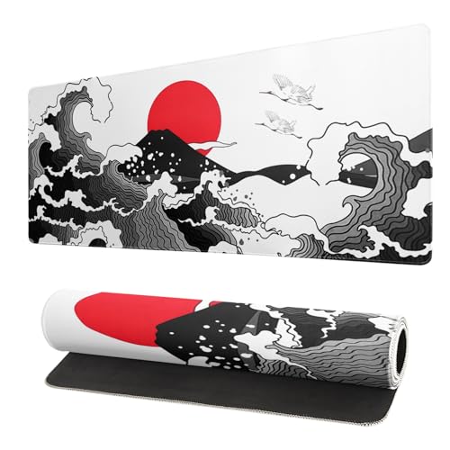 Japanese Red and Black Wave Gaming Mouse Pad Extended Large Mouse Mat Desk Pad Sea Texture Non-Slip Rubber Base Wave Mousepad Stitched Edges Keyboard Desk Pad for Office Home Game 31.5x11.8 Inch - color: Japanese Red and Black Wave