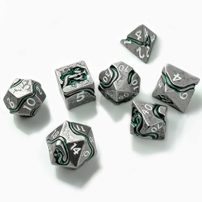 Serpent’s Cunning Metal DND Dice Set, 7 Piece Weighted Polyhedral Dice for Dungeons and Dragons, Balanced RPG Dice with Storage Case for Pathfinder Tabletop Games - color: Ancient Silver