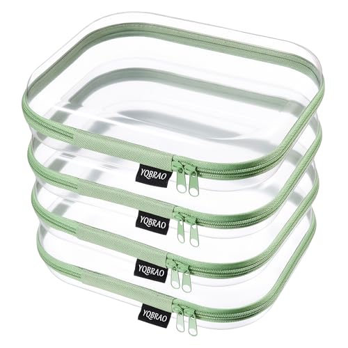 YQBRAO Clear Hard Shell Zipper Cases, 4 Medium Makeup Organizers, Green | Rigid 1.2 mm PET and YKK dual zippers for skincare, toiletries, chargers, notebooks and daily essentials - color: Green, size: 4 Pack(M)