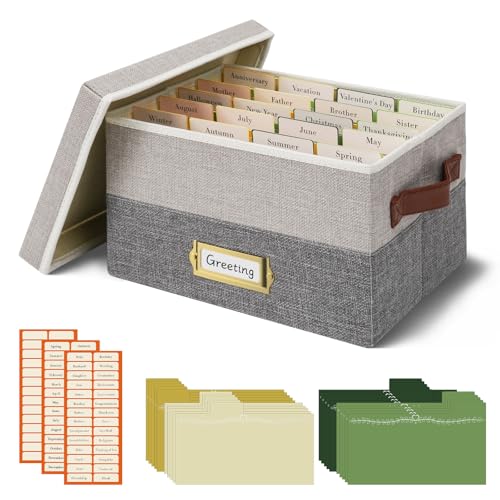 Vienrose Greeting Card Organizer Box with 20 Removable Dividers, 84 Labels, Large Foldable Storage Box for Photos, Postcards, Stickers & Keepsakes, Portable Linen Organizer, Light Grey&Dark Grey - color: Light Grey&Dark Grey