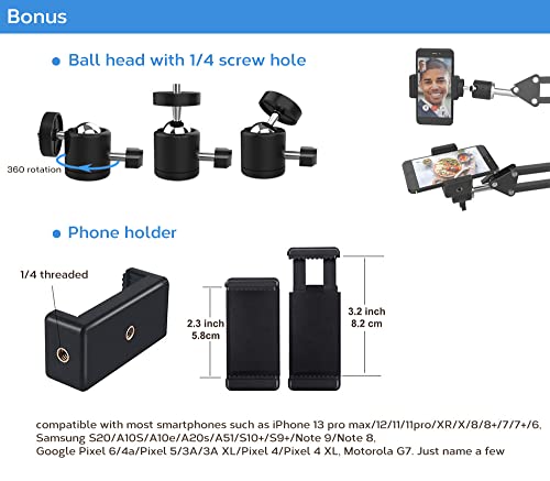 LenTok Overhead Tripod Mount for Camera Webcam Ring Light, Flexible Over Head Arm for iPhone with Phone Holder and Ball Head, Table Stand Accessory for Phone Video Recording Live Stream
