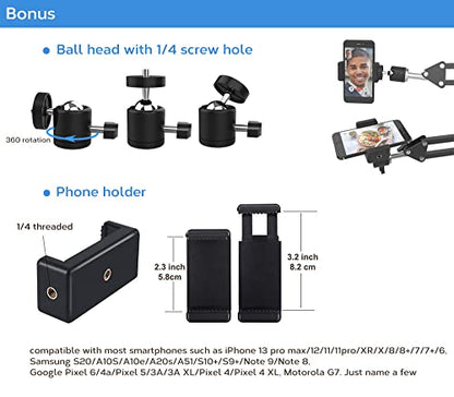LenTok Overhead Tripod Mount for Camera Webcam Ring Light, Flexible Over Head Arm for iPhone with Phone Holder and Ball Head, Table Stand Accessory for Phone Video Recording Live Stream