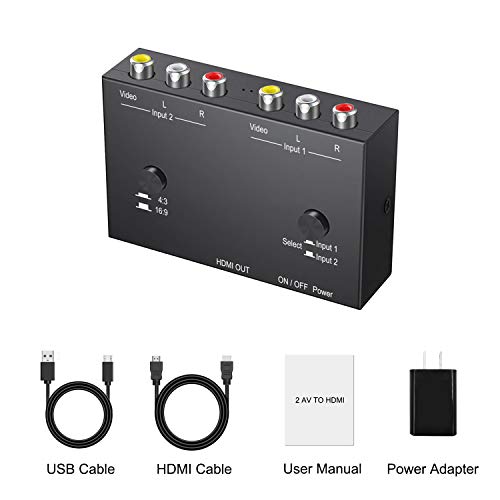 2 AV to HDMI, 1080P/720P TV 2 Way RCA Composite CVBS AV Switch to HDMI Video Audio Converter Adapter Support 4:3/16:9 Switching, for Sega Xbox PS2 PS3 N64 NGC SNES WII VHS VCR Camera DVD - style: 2 RCA Converter