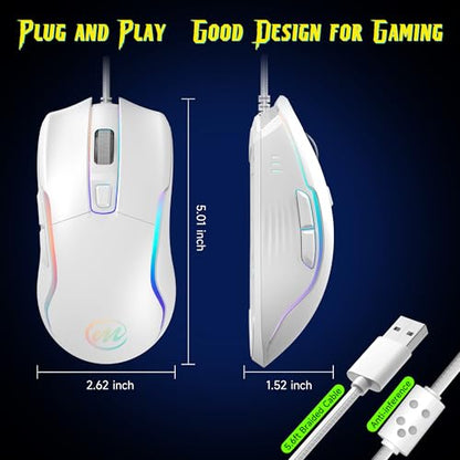 memzuoix Wired Gaming Mouse with RGB - 6 Adjustable DPI up to 12800, 6 Buttons, 12 Lighting Modes, Ergonomic Design with Anti-Slip Rubber Wheel, 5.6ft Braided Cable for PC/Mac/Windows - White - color: White