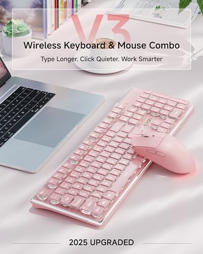 V3 Wireless Keyboard and Mouse Combo, Bluetooth/2.4G Rechargeable Light up Quiet Computer Wireless Keyboard and Mouse with White Backlit, Metal Panel-Pink - color: Upgraded Version - Pink