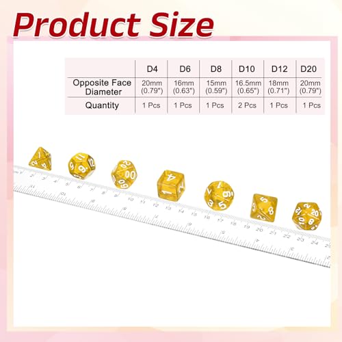 uxcell Polyhedral Dice Set, 7 Pcs Acrylic Dice for Role Playing Table Games Tabletop Gaming Accessories, Transparent Yellow - color: Transparent Yellow