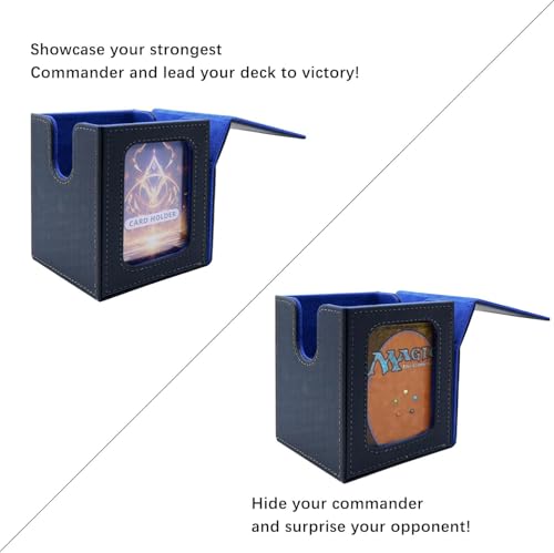 CMFYlive Card Deck Box with Commander Display, MTG Deck Box Fits 100+ Double Sleeved Cards, PU Leather Cards Storage Box TCG Card Storage Box with 2 Dividers and 1 Toploader (Black&Blue) - color: Blue 1