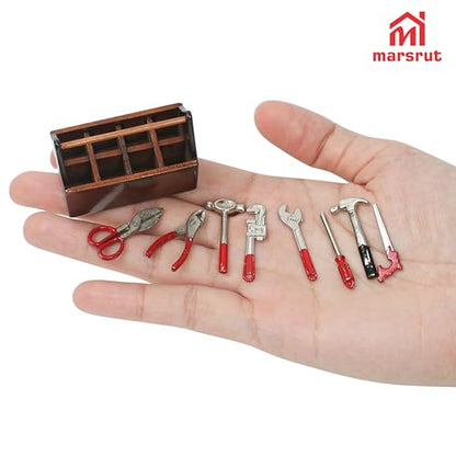 Miniature Tool Box Dollhouse 1/12 Scale Kit Set, 8Pcs Metal Working Tools with Mini Wood Toolbox, Doll Garage Accessories, Tiny Model for House Building, Garden Outdoor Repair, Rustic Farm Crafts