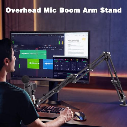 Microphone Boom Arm, Professional Desk Mic Stand with 1/4", 3/8", 5/8" Adapters, Heavy-Duty Clamp, Wide Compatibility for Yeti, AT2020, Podcasting, Streaming & Recording