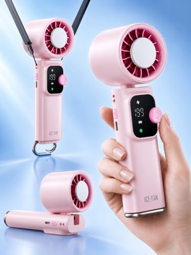 Portable Handheld Turbo Fan with Cooling Plate, 1-199 Speeds, LED Display | 4000mAh USB-C rechargeable battery, 15000 RPM motor, neck and desk modes for travel, office and camping - color: pink