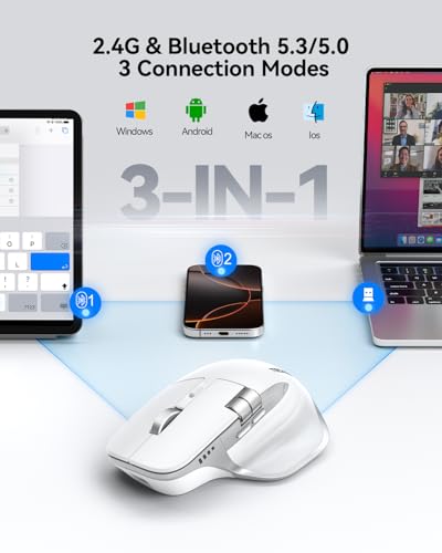 TECKNET Wireless Mouse, Bluetooth Mouse (BT5.3/5.0 & 2.4G) Rechargeable Ergonomic Optical Mouse with 6 Adjustable DPI, Side Scroll, Quiet Clicks, USB A Receiver, 7 Buttons, Wide Compatibility - White - color: Light White
