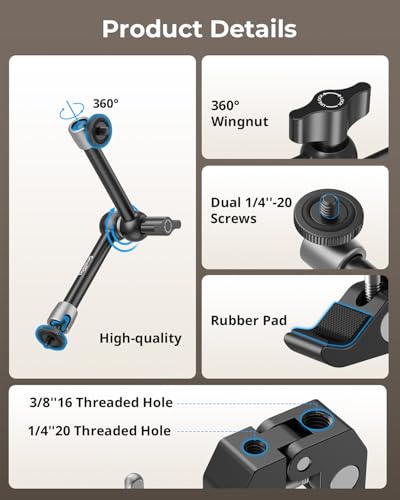 SMALLRIG Clamp w/ 1/4" and 3/8" Thread and 9.8 Inches Adjustable Friction Power Articulating Magic Arm with 1/4" Thread Screw for LCD Monitor/LED Lights - KBUM2732B - size: 9.8''+arm only