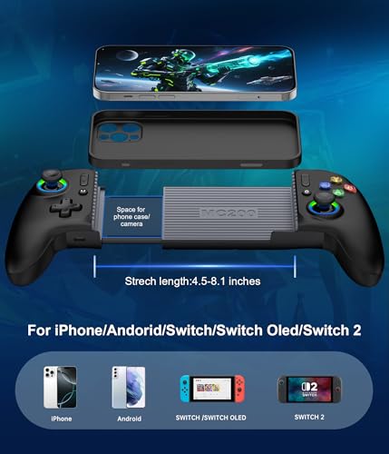 Mocagen Mobile Gaming Controller, MC2 Phone Controller for iPhone/Android/Switch/Oled/Switch 2 with Programmable/Hall Effect Joysticks & Analog Triggers/RGB Light - size: Xbox Layout-Black