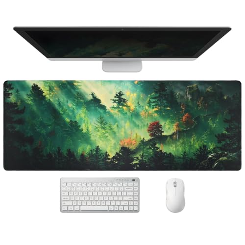 Extended Mystic Forest Desk Mat, XL Large Gaming Mouse Pad, Green Landscape Stitched Edges Waterproof with Non-Slip Rubber Base for Computer Keyboard Laptop Work Home Office 31.5"x11.8" - color: Green Forest, size: 31.5" x 11.8"