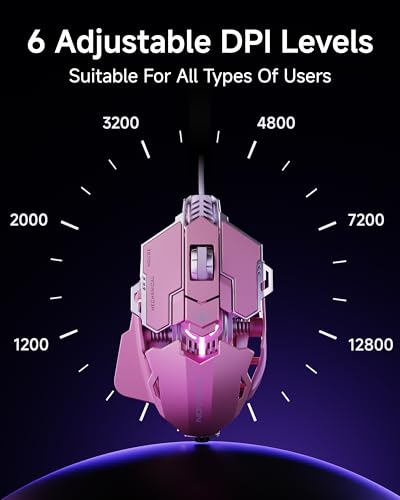 EWEADN G5 Wired Gaming Mouse with Adjustable Tail, 12800 DPI Programmable Computer Mouse with RGB Backlit, 9 Macro Buttons, Rapid Fire Key & Aluminum Base Ergonomic PC Mice for Laptop, PC-Pink - color: Pink