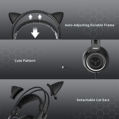 SOMIC Stereo Gaming Headset with Mic for PS4, PS5, Xbox One, PC, Mobile Phone, 3.5MM Sound Detachable Cat Ear Headphones Lightweight Self-Adjusting Over Ear Office Headphones G951S Black - color: Black
