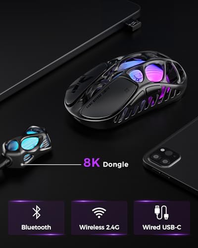 GravaStar Mercury X Pro Wireless Gaming Mouse, Come with 8K Dongle – 32,000 DPI PAW 3950 Sensor, 8,000Hz Polling Rate, Only 49g, Magnesium Alloy Hollow Frame, RGB Lighting, 5 Programmable Buttons - color: Gray, style: 8K Polling Rate