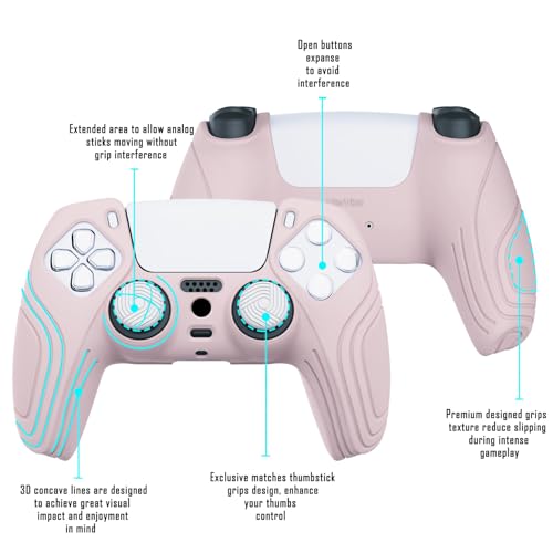 eXtremeRate PlayVital Samurai Edition Cherry Blossoms Pink Anti-Slip Controller Silicone Skin for ps5, Ergonomic Soft Rubber Protective Case for ps5 with White Thumb Stick Caps - color: Cherry Blossoms Pink