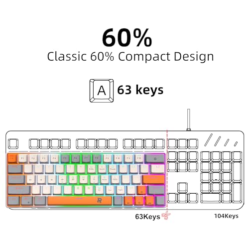 60% Mechanical Gaming Keyboard 60 Percent,LED Backlit Compact 63 Keys Mini Wired Keyboard for PC,Windows XP,Win 7/10,Vista,Me,Typist,Travel,(Grey-White-Orange, Blue Switches)