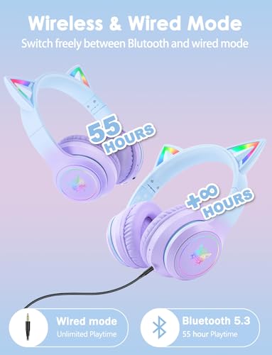 Cat Ear Bluetooth Headphones with Micphone for Kids & Adults, LED Light Up Wireless HI-FI Sound Quality, Over-Ear Headphones with Volume Control for iPhone/iPad/Laptop/PC(55H Play Time) - style: Adults-105dB-Purple