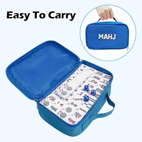 American Mahjong Tile Set with 166 Tiles, 1.2-Inch Mah Jongg Sets, Mahjong Gift Set with 3 Blue Dice and Mahjong Tile Bag, Complete Portable Game Set for Family, Travel, Parties