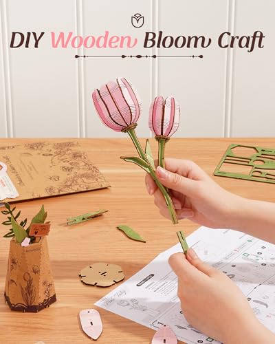 rowood Wooden Flower,3D Puzzles for Adults,Artifical Flower Botanical Collection Building Kit,Mother's Day/Valentine's Day Pink Tulip - style: Pink Tulip
