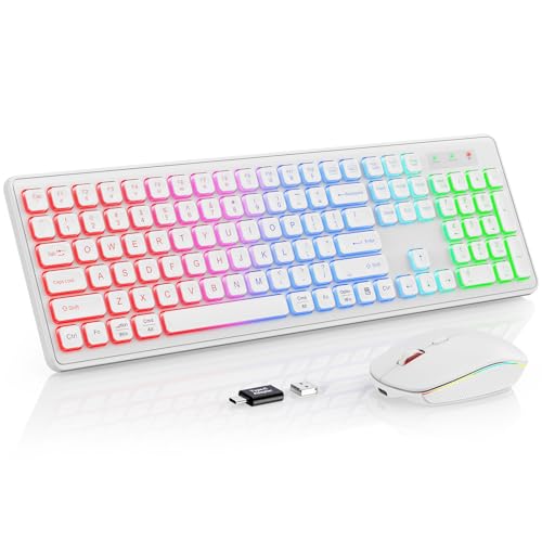 Wireless Keyboard and Mouse - RGB Backlit, Rechargeable & Light Up Letters, Full-Size, Ergonomic Tilt Angle, Sleep Mode, 2.4GHz Quiet Keyboard Mouse for Mac, Windows, Laptop, PC, Trueque(White) - color: White