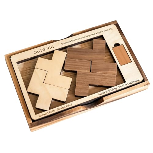 Creative Crafthouse Outback Puzzle, Stewart Coffin Wood Brain Teaser, Hard | A packing design numbered 222. Five cherry and maple pieces have just one known solution, a tough desk challenge, made in USA - style: Brain teaser