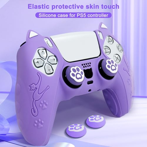 Purple Cat Ear PS5 Controller Cover - Cute Silicone Skin with Cat & Paw Prints + 2 Matching Lavender Cat Paw Thumbstick Caps | Kawaii Grip for PlayStation 5 - color: Lavender Purple