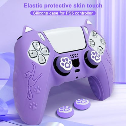 Purple Cat Ear PS5 Controller Cover - Cute Silicone Skin with Cat & Paw Prints + 2 Matching Lavender Cat Paw Thumbstick Caps | Kawaii Grip for PlayStation 5 - color: Lavender Purple